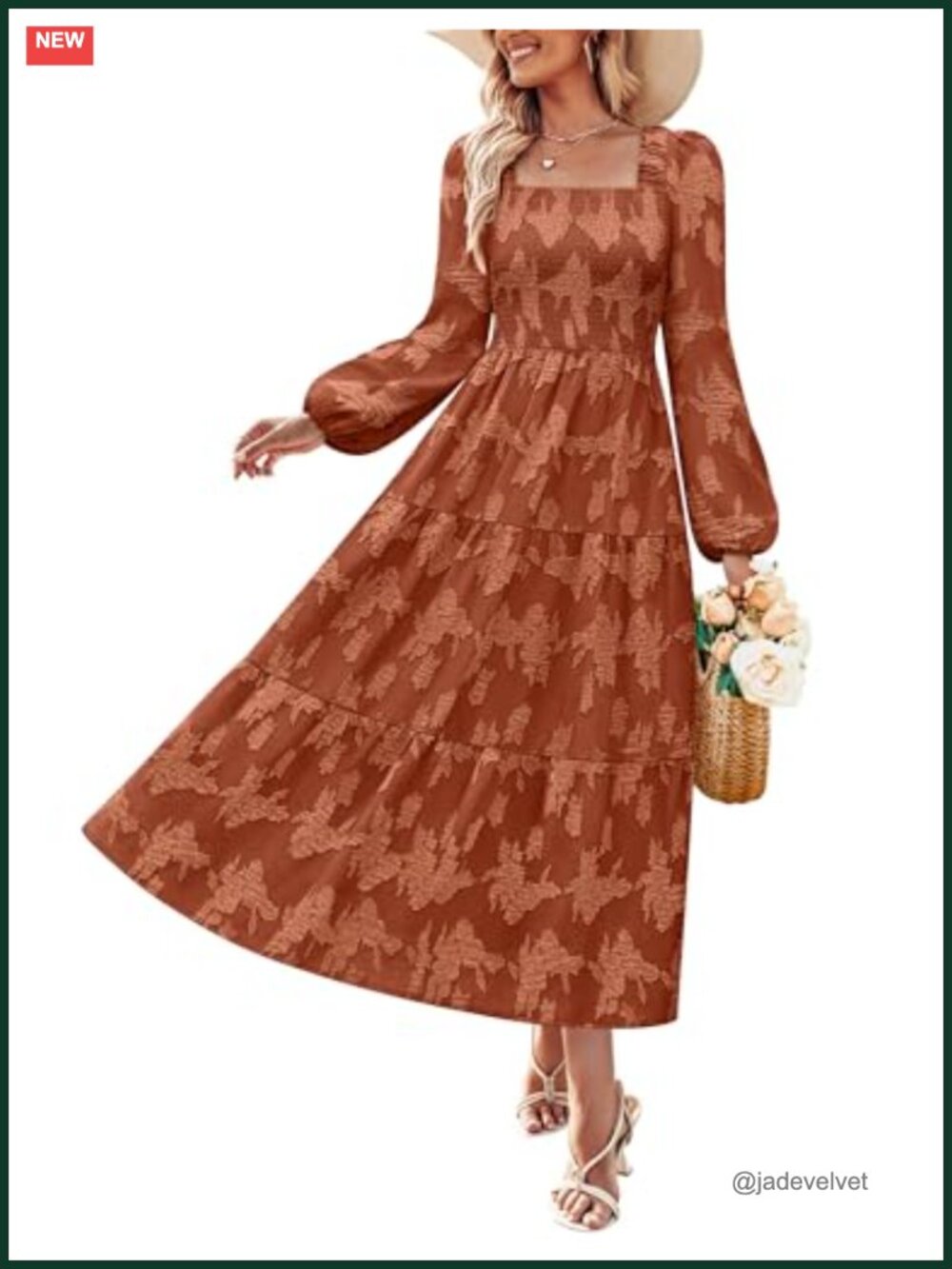 Floral Long Sleeve Midi A-Line Dress with Ruffle Detail
